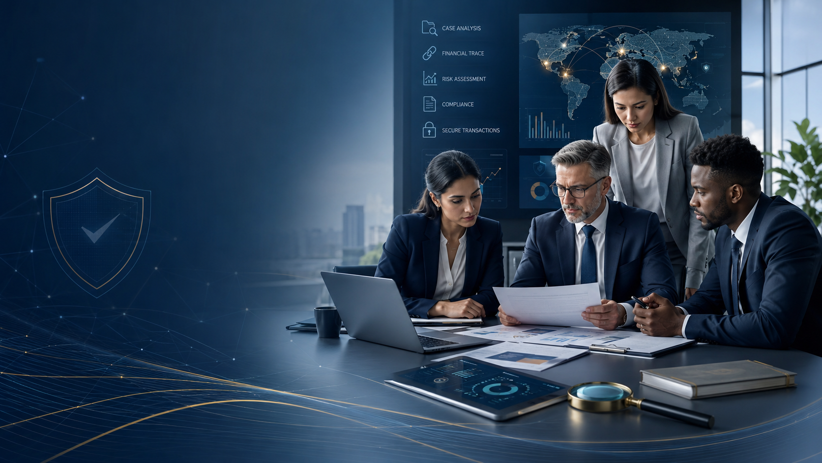 Funds recovery specialists reviewing documents and financial records